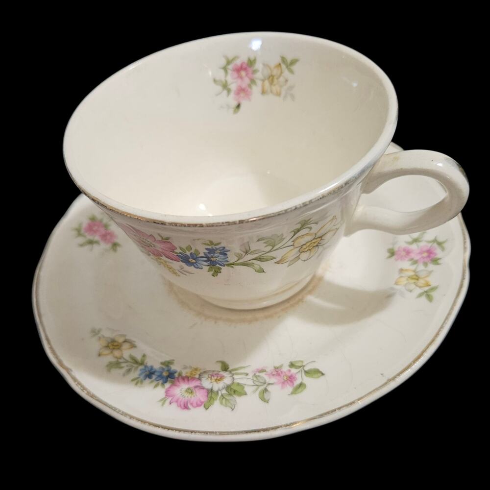 Edwin M Knowles Vitreous Floral Teacup & Saucer Set Made in USA Vintage